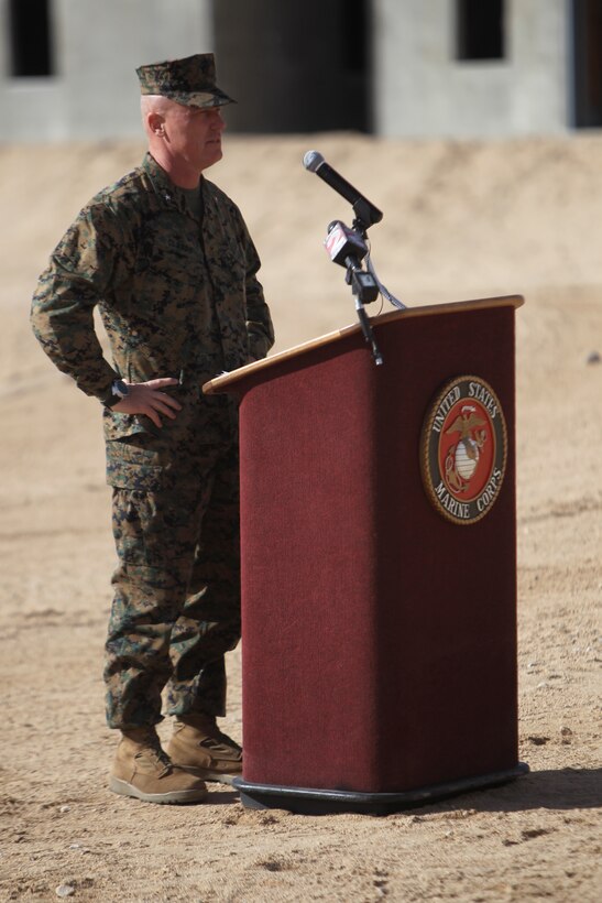 Brigadier Gen. H. Stacy Clardy III, the Combat Center’s commanding general, addresses attendees Jan. 25, 2011, during the ribbon cutting ceremony of the 274-acre Combined Arms Military Operations on Urban Terrain range complex, the Corps’ newest and largest range complex of its kind.