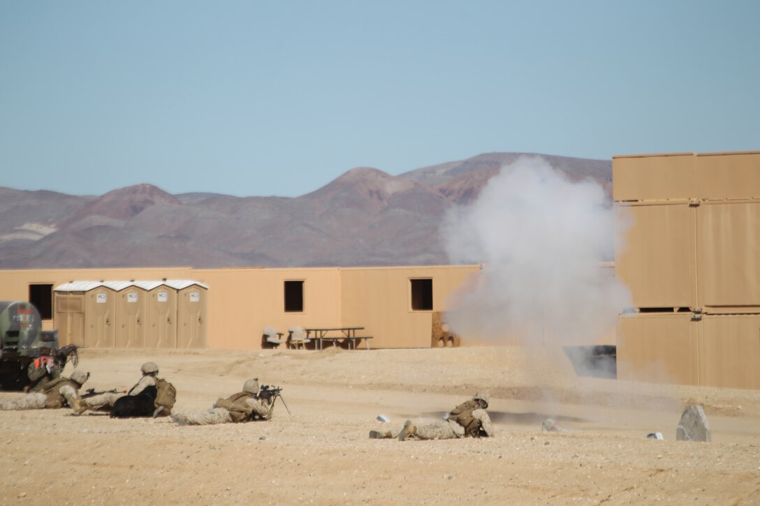 Marines from 1st Battalion, 5th Marines, Camp Pendleton, Calif., take part in Enhanced Mojave Viper, a pre-deployment training exercise at the 274-acre Combined Arms Military Operations on Urban Terrain complex at Range 220 here Jan. 25, 2011.  The facility, the Corps’ newest and largest range of its kind, was unveiled earlier that day with a ribbon cutting ceremony, attended by Brig. Gen. H. Stacy Clardy III, the Combat Center’s commanding general.