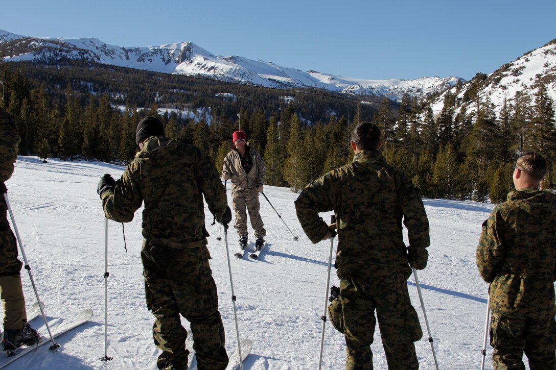 Staff Sgt. Nathan Stutz, the staff noncommissioned officer in charge of the course, instructs Marines on their downhill ski techniques Jan. 25, 2011, at the Marine Corps Mountain Warfare Training Center, Bridgeport, Calif.::r::::n::