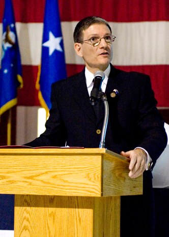 NELLIS AIR FORCE BASE, Nev.--  U.S. Rep. Joe Heck, Nevada, speaks to members of the 57th Wing and their invited guests during the Wing's Annual Awards Banquet held at Nellis on Jan. 21. Congressman Heck is a colonel in the U.S. Army Reserve and commands a Medical Readiness Support Group. He also is a member of the House Armed Services Committee. (U.S. Air Force photo by Airman 1st Class Jamie Nicley)