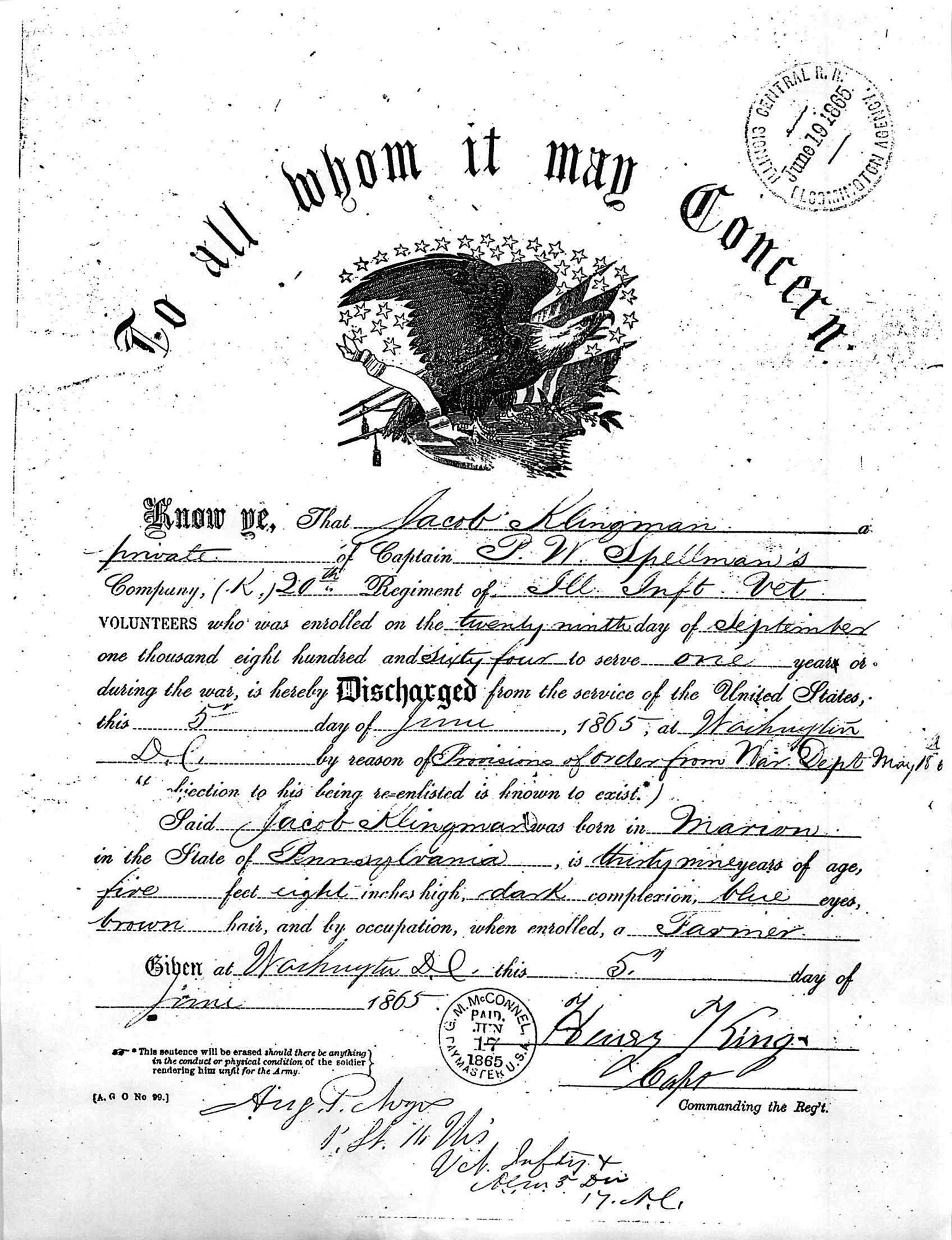 Captain Moore?s collection of historical documents includes this paper discharging his great-great-great grandfather Jacob Klingman from the Union Army in 1865. (Courtesy Photo)