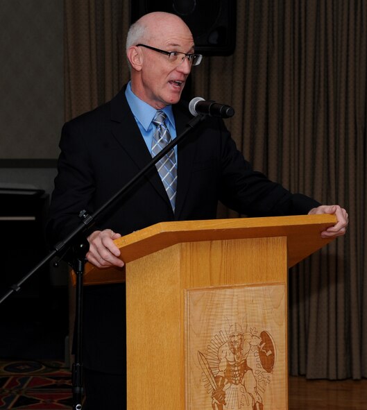 Chaplain Maj. Gen. Cecil R. Richardson, Chief of Chaplains, addresses guests at the National Prayer Dinner Gala at Grand Forks Air Force Base Jan. 21.  The gala’s theme, “Celebrating Courage through the Dark Times,” was demonstrated through video interviews of Airmen who have faced challenges and prayer readings from different denominations. (U.S. Air Force photo by Staff Sgt. Suellyn Nuckolls)