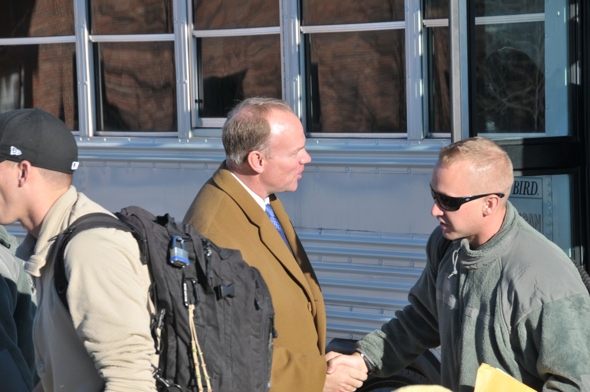 Wyoming Gov. Matt Mead welcomes home 11 Wyoming Air National Guard firefighters from a 120-day deployment to Balad Air Base, Iraq on Jan. 21, 2011. The firefighters are all members of the 153rd Civil Engineer Squadron, WyANG, Cheyenne, Wyo. (U.S. Air Force photo by Master Sgt. Paul Mann)(Released)