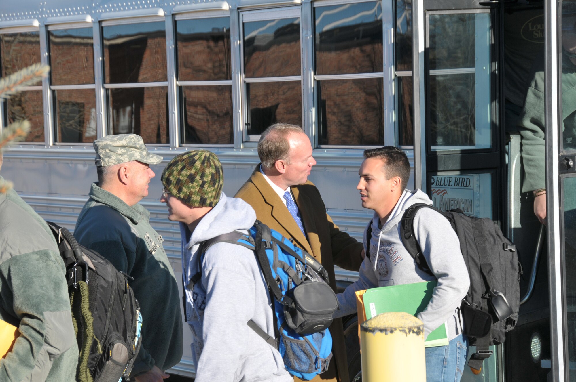 Wyoming Gov. Matt Mead welcomes home 11 Wyoming Air National Guard firefighters from a 120-day deployment to Balad Air Base, Iraq on Jan. 21, 2011. The firefighters are all members of the 153rd Civil Engineer Squadron, WyANG, Cheyenne, Wyo. (U.S. Air Force photo by Master Sgt. Paul Mann)(Released)