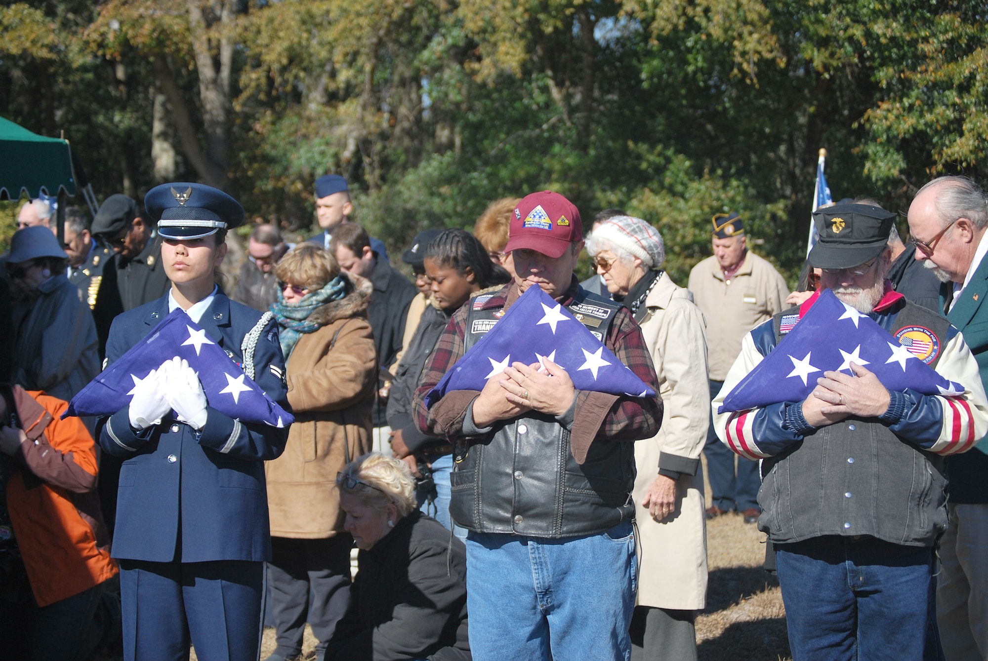 Members of the Patriot Guard and the Eglin Air Force Base Fla., Honor Guard hold flags to be presented to the family of 1st Lt. Robert Franklin Dees, Jan. 22, 2011. (U.S. Air Force photo/Van Williams) 