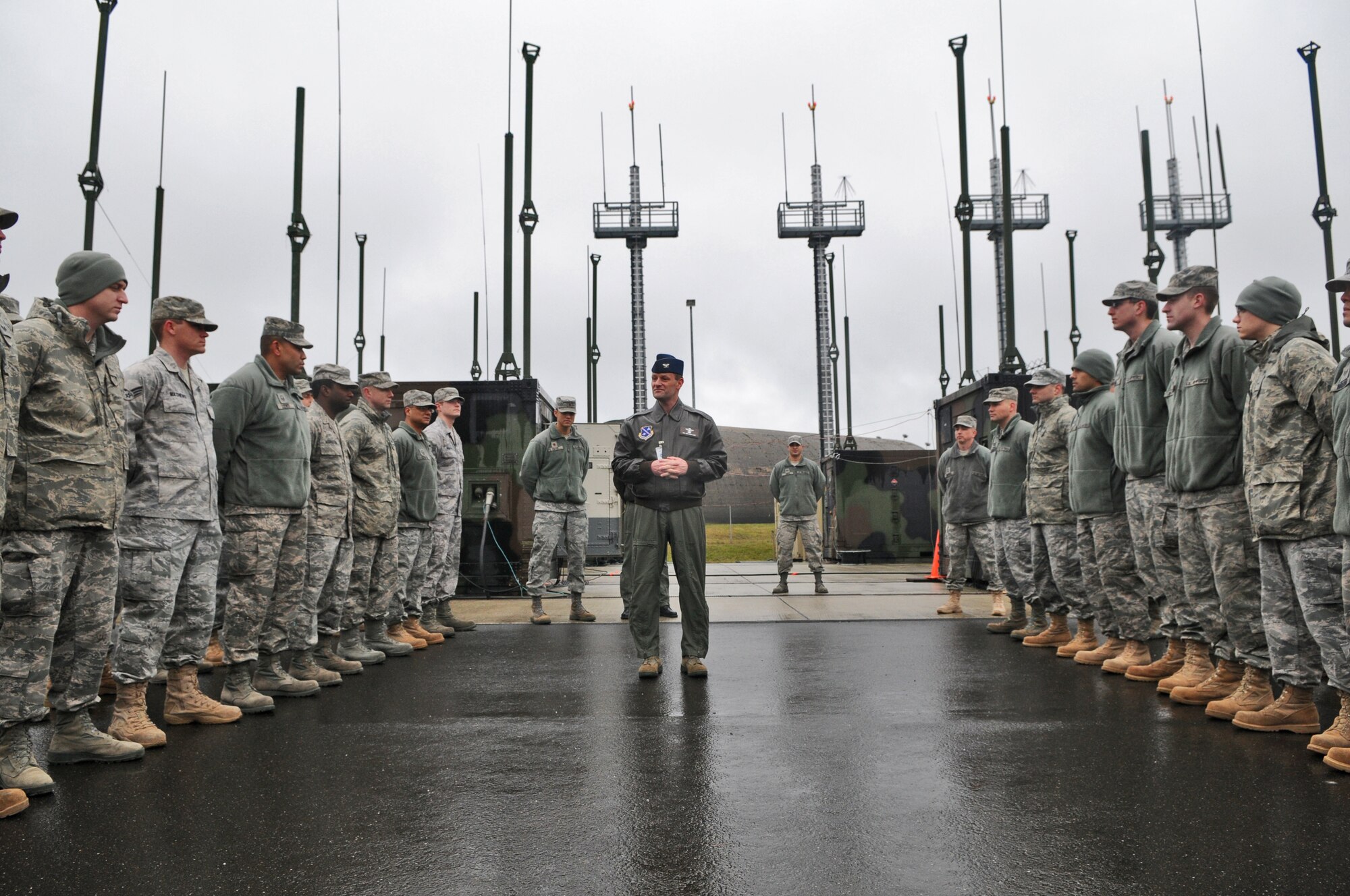 SPANGDAHLEM AIR BASE, Germany – Col. Kenneth R. Rizer, 11th Wing commander from Joint Base Andrews, Md., speaks to Airmen from the 606th Air Control Squadron Jan. 25. Colonel Rizer visited the base as part of an Installation Excellence Award Selection Board that visited the base to conduct a two-day evaluation to determine the Air Force's Installation Excellence and Special Recognition Award winners. Spangdahlem AB is competing against Travis Air Force Base, Calif., for this year's IEA. The base that wins will receive $1 million to increase quality of life. (U.S. Air Force photo/Senior Airman Nick Wilson)