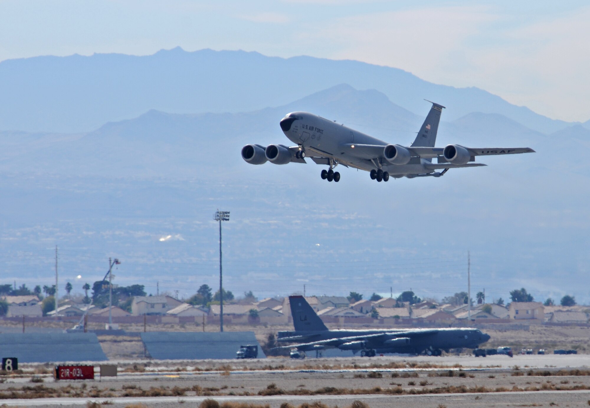 NELLIS AIR FORCE BASE, Nev. -- A KC-135 Stratotanker deployed from the 22nd Air Refueling Wing, McConnell Air Force Base, Kan., takes off from the flightline during the first day of Red Flag 11-2 Jan. 24. Red Flag is a combined exercise that provides a realistic combat training environment to the U.S. and its allies. (U.S. Air Force photo/Staff Sgt. Benjamin Wilson)