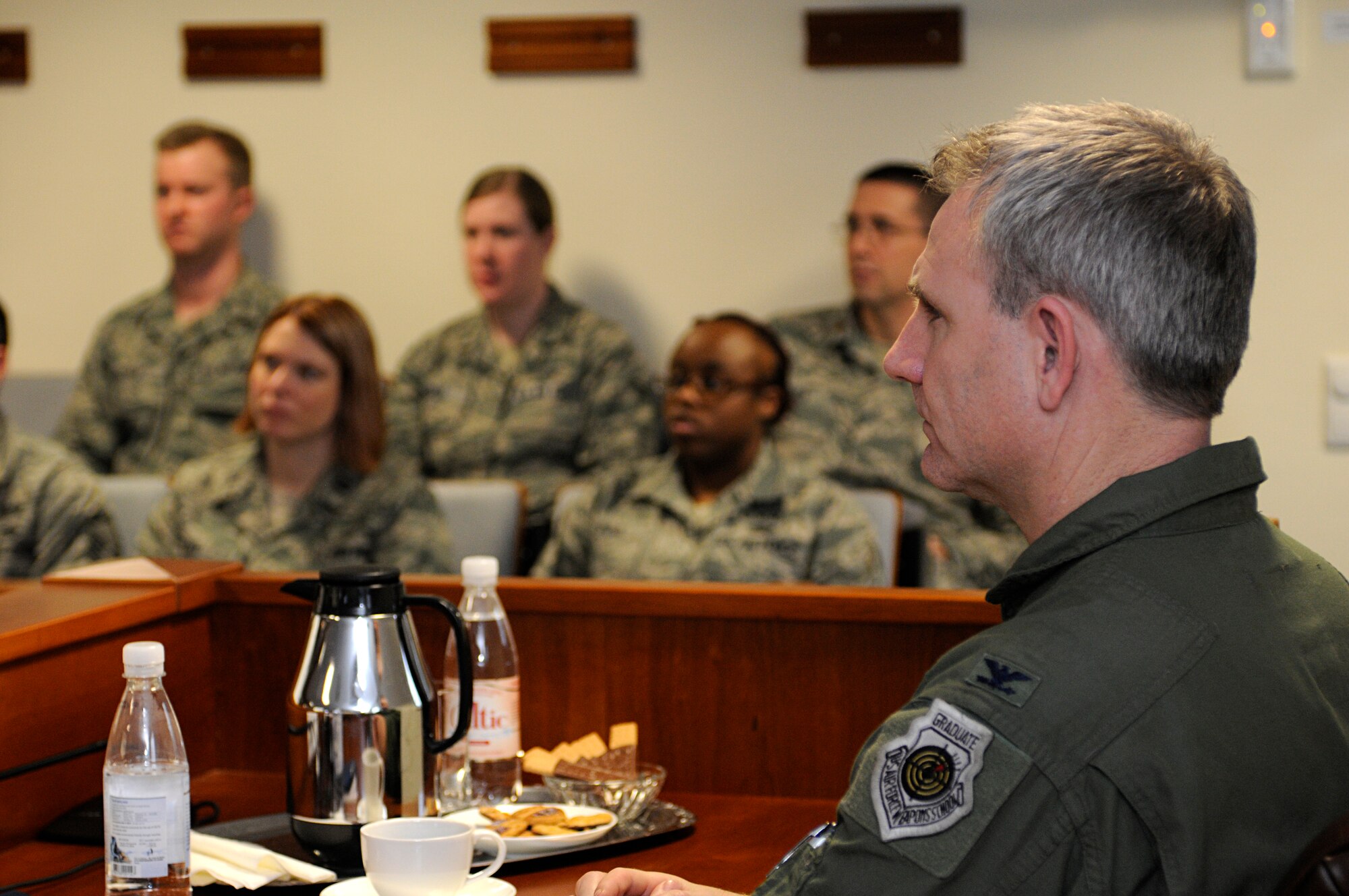 SPANGDAHLEM AIR BASE, Germany – Col. Timothy Fay, Installation Excellence Selection Board member and 2nd Bomb Wing commander from Barksdale Air Force Base, La., sits in the judge’s seat at the front of the 52nd Fighter Wing Legal office courtroom during the legal office’s presentation for the Air Force's Installation Excellence and Special Recognition Award evaluation Jan. 25. The IEA selection board started their two-day evaluation of Spangdahlem Air Base and its award package Jan. 25 to select a winner between Travis Air Force Base, Calif., and Spangdahlem AB. (U.S. Air Force photo/Senior Airman Clay Murray)