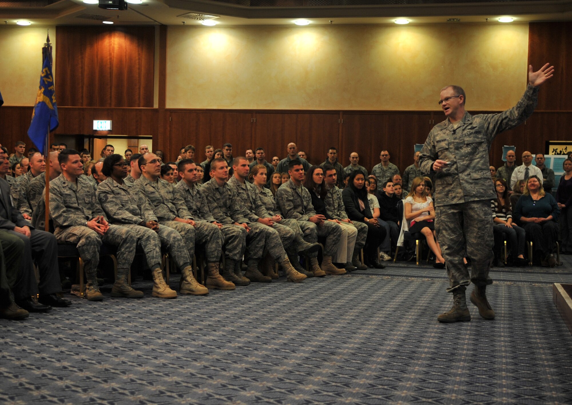 SPANGDAHLEM AIR BASE, Germany -- Col. Christopher Weggeman, 52nd Fighter Wing commander, welcomes the Air Force’s Installation Excellence and Special Recognition Award team during an in-brief Jan. 25 in Club Eifel’s ballroom. Spangdahlem AB is competing against Travis Air Force Base, Calif., and the winning base will receive $1 million to help increase quality of life. (U.S. Air Force photo/Senior Airman Caleb Pierce)