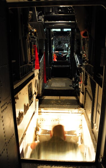 Staff Sgt. Chris Dieball, 28th Aircraft Maintenance Squadron crew chief instructor, exits the cockpit of a B-1B Lancer at Ellsworth Air Force Base, S.D., Jan. 21.  Sergeant Dieball, trains able chiefs on how to conduct maintenance on the B-1 before they become true crew chiefs. (U.S. Air Force photo/Senior Airman Anthony Sanchelli)