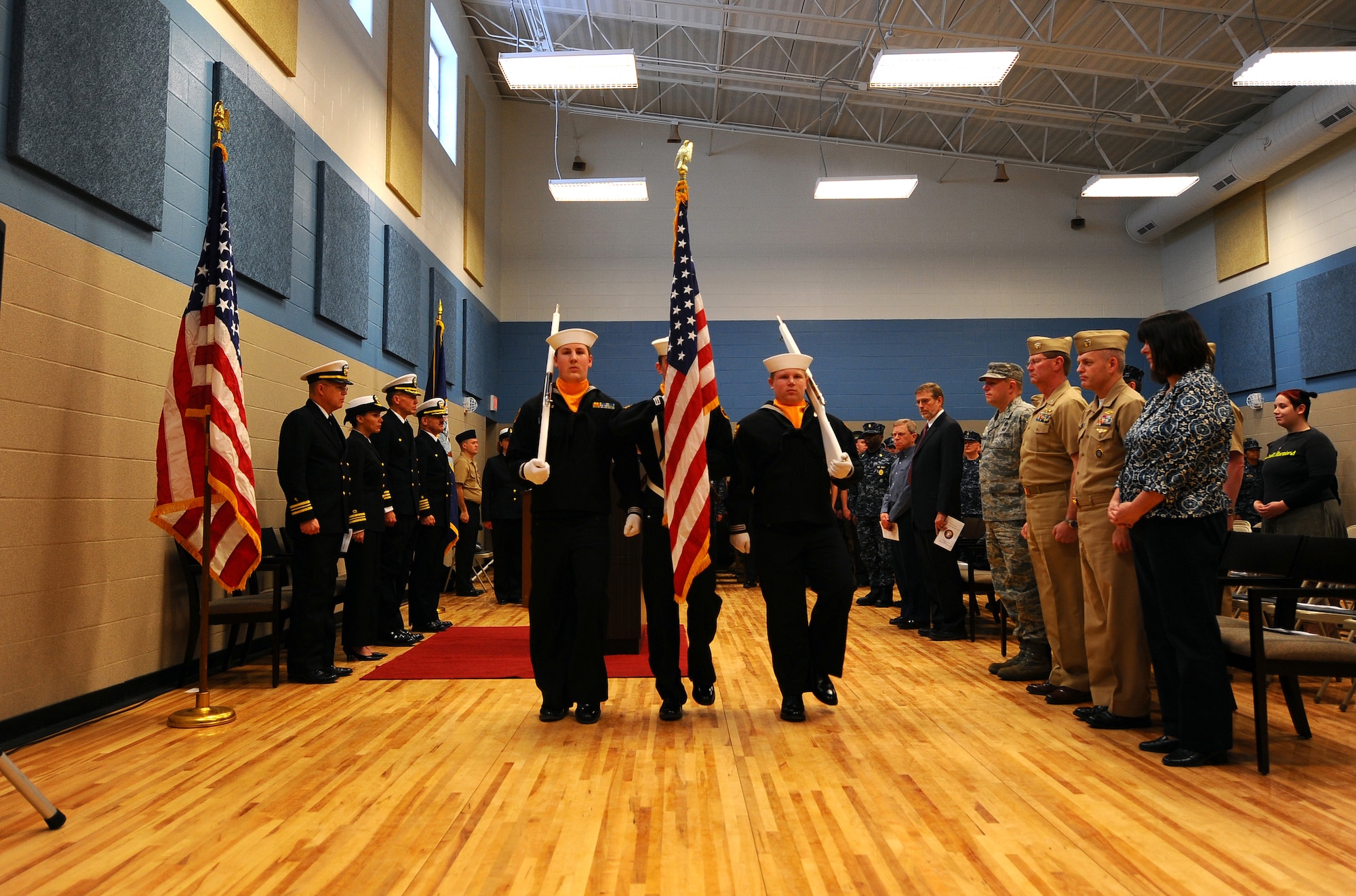 OFFUTT AIR FORCE BASE, Neb. - The formal parading of the colors by the Navy color guard started the ribbon cutting ceremony for the newly constructed Navy Operational Support Center located here, Jan. 22.  The 19,000-square foot, $4.3 million NOSC is now located behind Offutt's gates from its previous location in North Omaha, were it has been since 1965. U.S. Air Force Photo by Josh Plueger (released)
(released)
