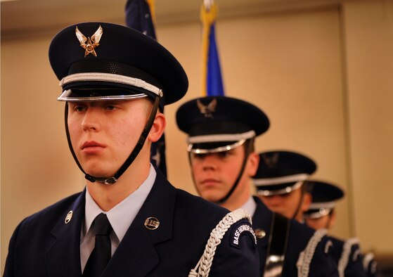 MOODY AIR FORCE BASE, Ga. -- Airman 1st Class James Sciler, Moody Honor Guard, prepares to lead an Honor Guard detail during the retirement ceremony of Chief Master Sgt. Alejandro DePass Jan. 25. The detail’s purpose was to post the colors during the singing of the National Anthem. (U.S. Air Force photo/Airman 1st Class Douglas Ellis)(RELEASED)
