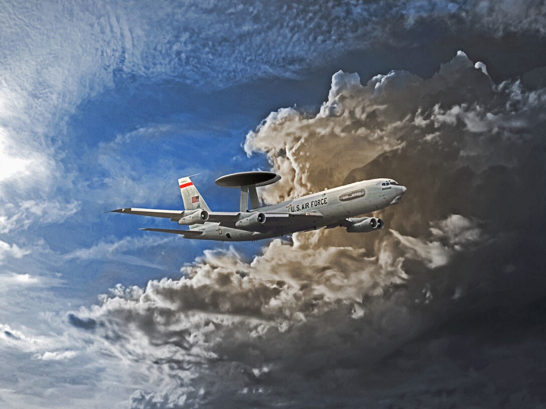 E-3 Sentry.  Titled "Eagle Eye" created by Ken Chandler. This image is 10x7.5 @ 72 ppi. PDF files for this image, up to 48x36 inches @ 200 ppi, are available by contacting afgraphics@dma.mil. This image is copyrighted and is the property of Ken Chandler and is available only to members of the armed forces and military organizations.
