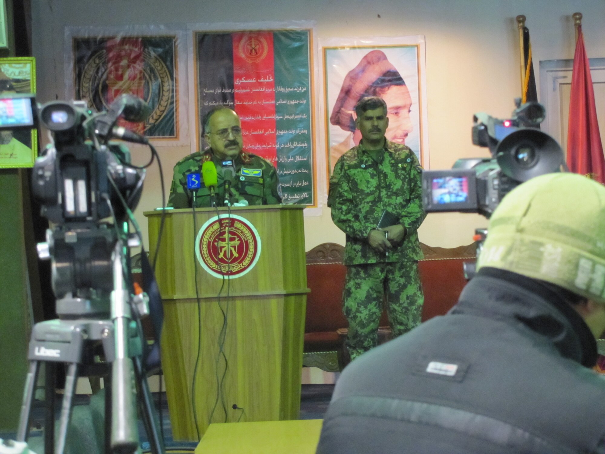 Members of the media attended a 30-minute question and answer session with the AAF Chief of Staff, Brig. Gen. Abdul Wahab Wardak Jan. 24, as the Afghan Air Force Public Affairs conducted their first media day.  (U.S. Air Force photo/Capt. Rob Leese) RELEASED.
