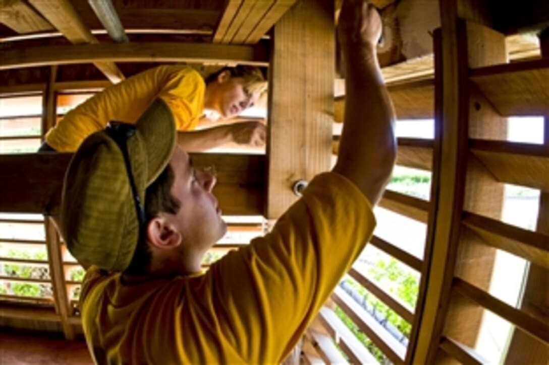 U.S. Navy Petty Officers 2nd Class J. Wilson and Cathryne Wilson, husband and wife and both cryptologic technicians, paint the inside of a shed during a restoration project for the Polynesian Voyaging Society in Honolulu, Jan. 22, 2011. Sailors assigned to Destroyer Squadron 31, the guided-missile destroyer USS Chafee and Navy Information Operations Command Hawaii spent the day restoring a voyaging canoe, support vessels and work areas while learning about ancient Hawaiian culture in the process