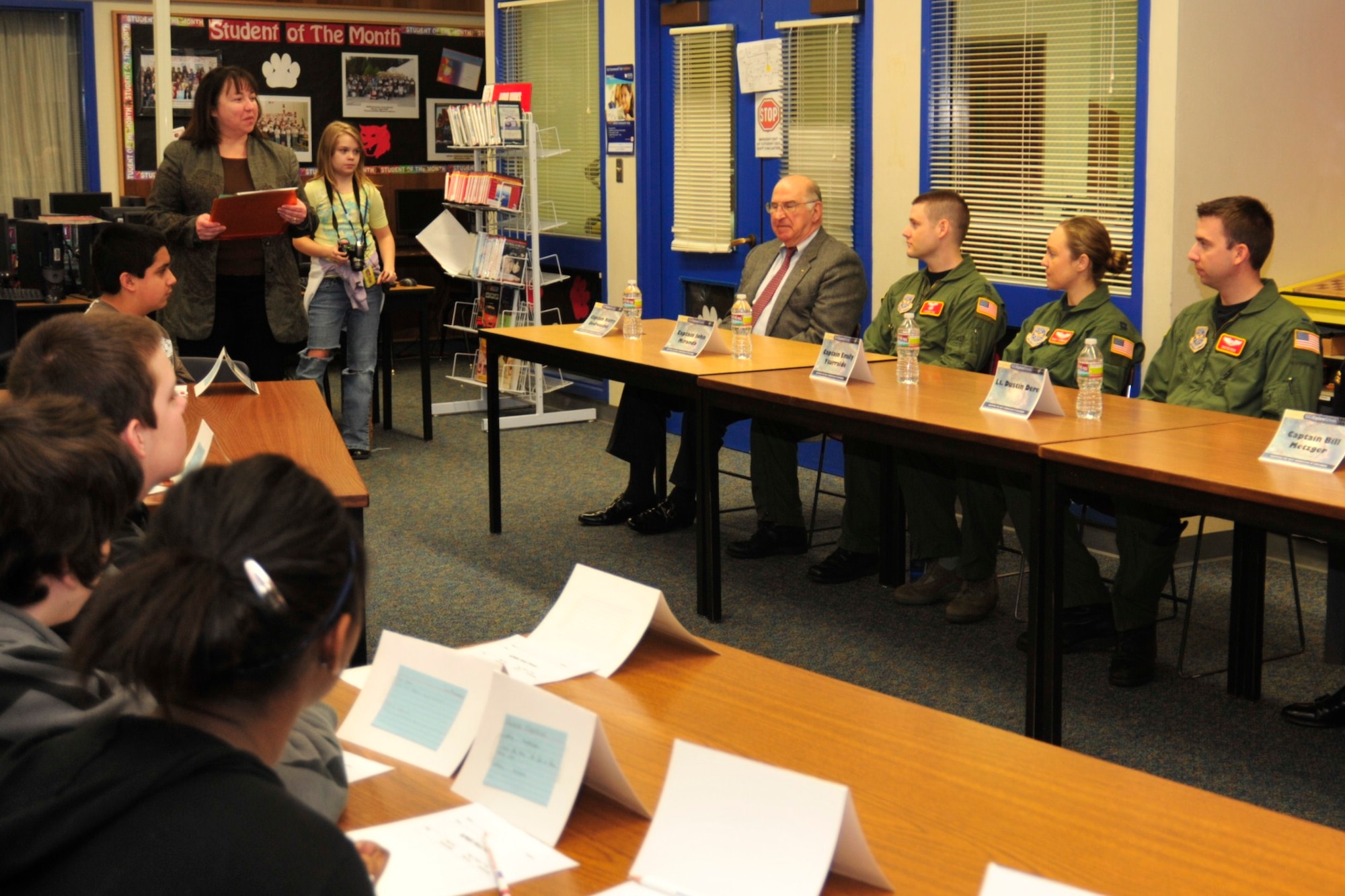 Kareen Borders, Key Peninsula Middle School NASA Explorer School team lead, introduces this year’s pilot panel at KPMS Jan. 24 in Lakebay, Wash. McChord Field annually sends pilots to speak on the panel, giving seventh and eighth grade students a chance to ask questions and learn more about the astronomy and aerospace career field. (U.S. Air Force photo/Airman Leah Young)