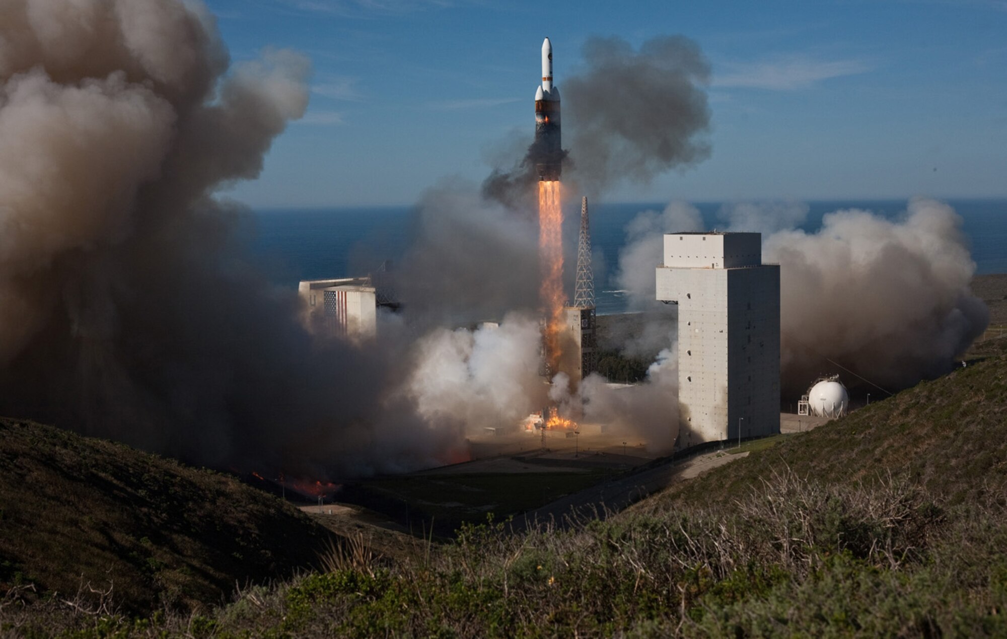 A United Launch Alliance Delta IV Heavy launches with a National Reconnaissance Office payload at Space Launch Complex-6 at 1:10 p.m. PST.  The Delta IV Heavy is the largest rocket ever launched from the west coast of the U.S. standing 235 feet tall and producing nearly 2 millions pounds of thrust at liftoff.  The Delta IV Heavy is America’s most powerful liquid fueled rocket.  This was the fifth launch of a Delta IV heavy in program history. (Photo by Pat Corkery, United Launch Alliance)
