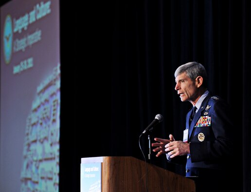 Air Force Chief of Staff Gen. Norton Schwartz speaks at the Department of Defense Language and Culture Summit on Jan. 26, 2011, in Alexandria, Va.  General Schwartz told the audience that the best way the U.S. armed forces will achieve the necessary level of language skills and cultural competencies is through a holistic joint and interagency approach.  (U.S. Air Force photo/Andy Morataya)