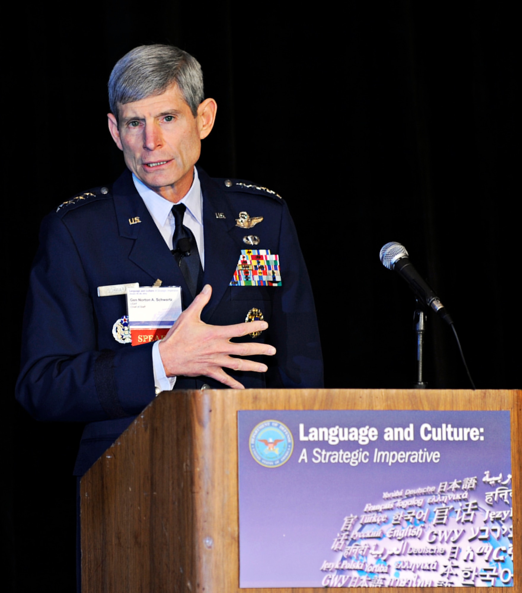 Air Force Chief of Staff Gen. Norton Schwartz speaks at the Department of Defense Language and Culture Summit on Jan. 26, 2011, in Alexandria, Va.  General Schwartz told the audience that the best way the U.S. armed forces will achieve the necessary level of language skills and cultural competencies is through a holistic joint and interagency approach.  (U.S. Air Force photo/Andy Morataya)