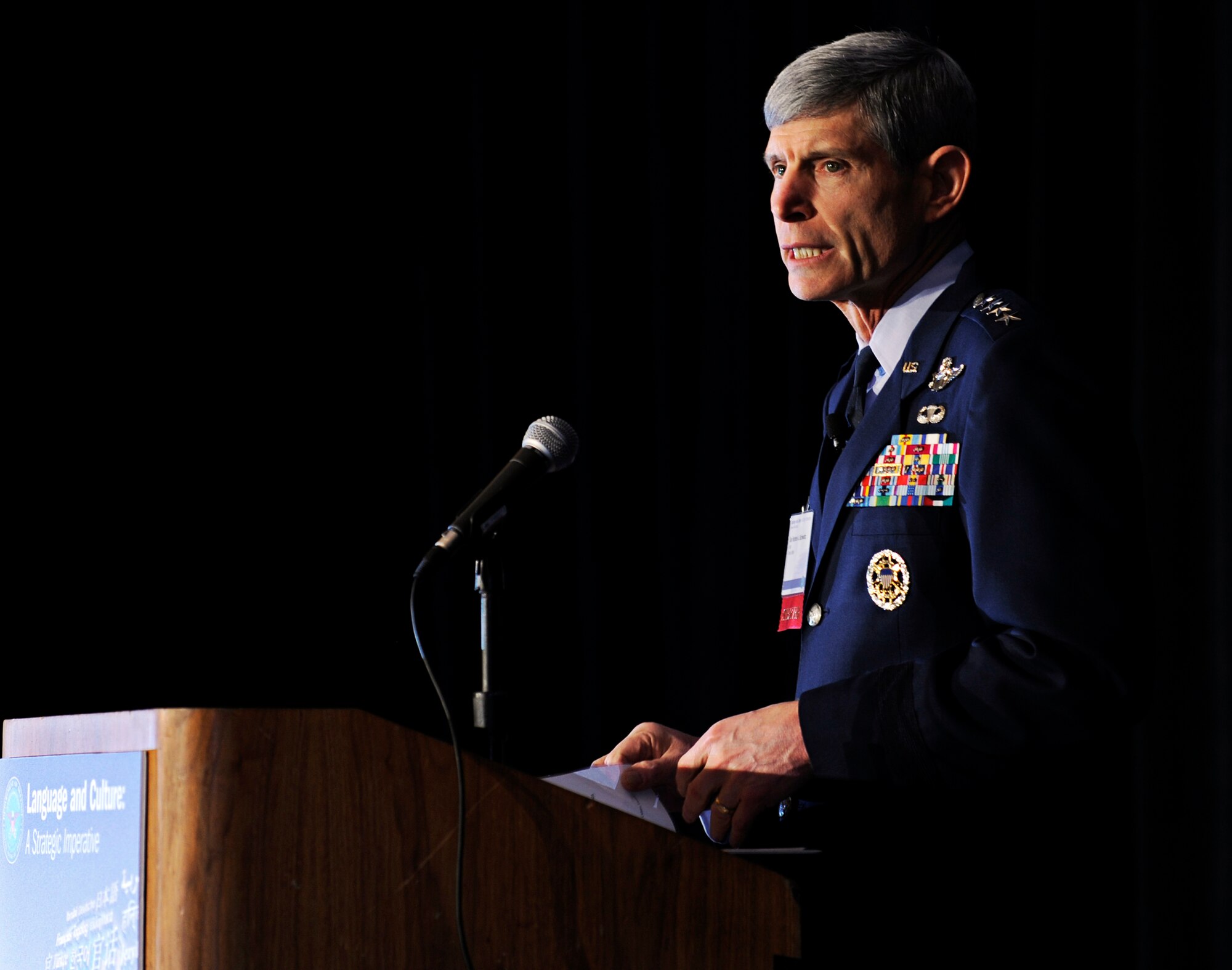 Air Force Chief of Staff Gen. Norton Schwartz speaks at the Department of Defense Language and Culture Summit on Jan. 26, 2011, in Alexandria, Va.  General Schwartz told the audience that the best way the U.S. armed forces will achieve the necessary level of language skills and cultural competencies is through a holistic joint and interagency approach.  (U.S. Air Force photo/Andy Morataya)