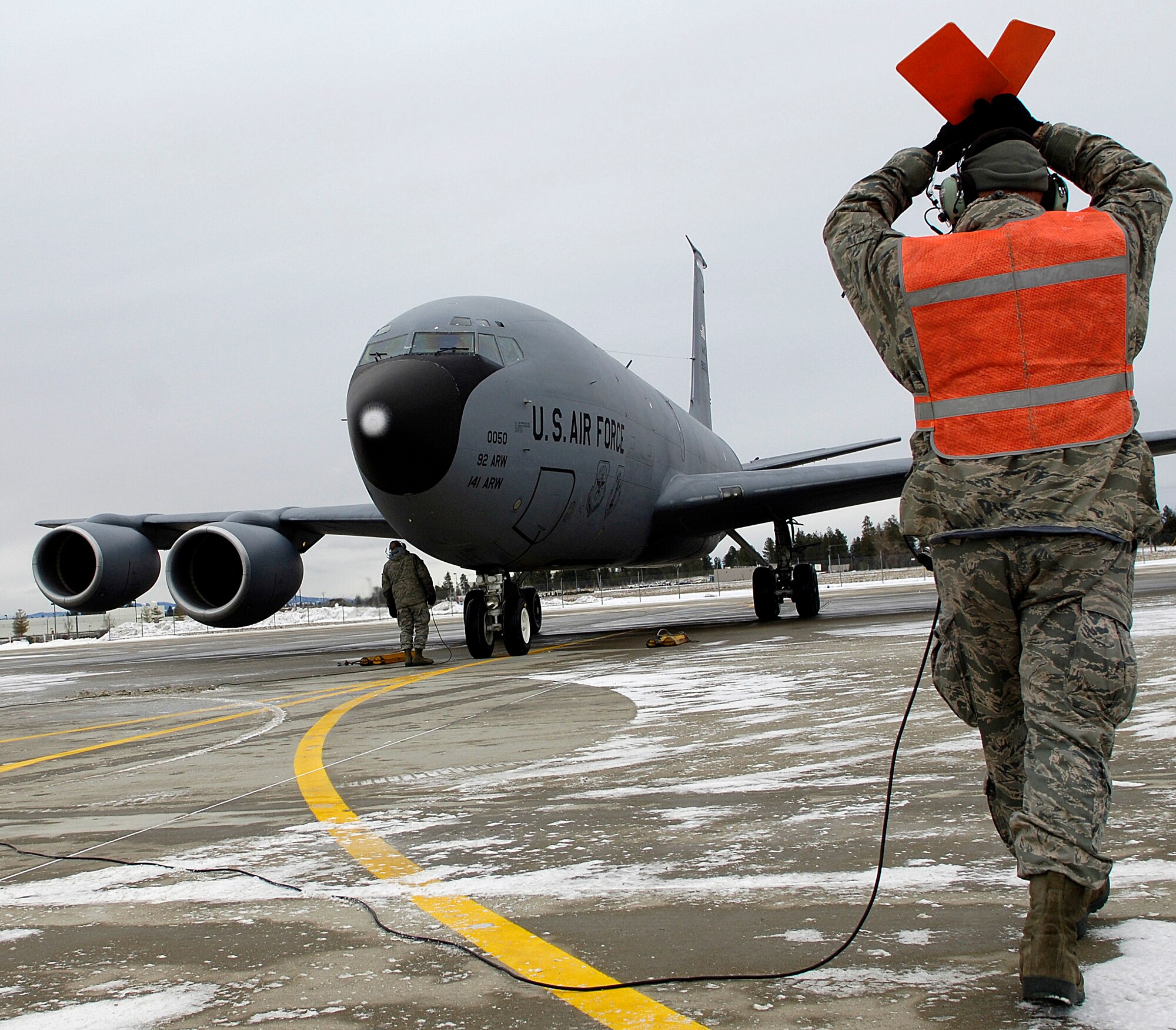 A Fairchild KC-135 Stratotanker is taxied in to Geiger Field at the Spokane International Airport Jan. 20, 2011. Fairchild is operating its flying operations out of this location and Grant County International Airport in Moses Lake while the base’s runway gets repairs.  (U.S. Air Force photo/Senior Airman Natasha E. Stannard)