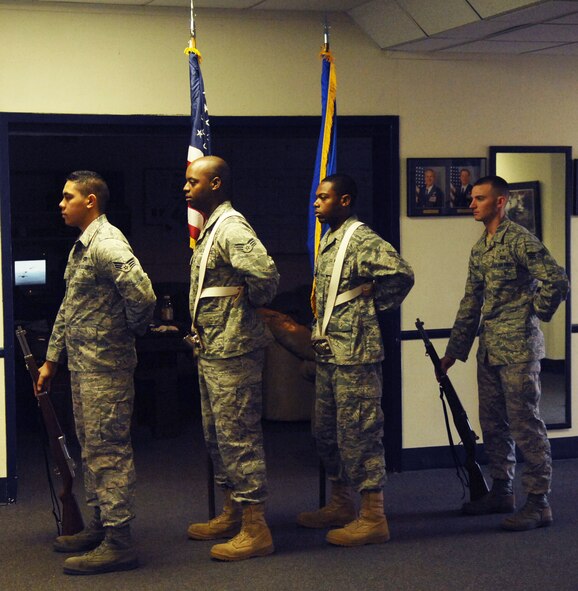 Members of the 2nd Bomb Wing Honor Guard practice ceremonial drills Jan. 25, in preparation of the upcoming Wing Annual Awards Banquet on Barksdale Air Force Base, La. The Annual Awards Banquet, which takes place Feb. 11, honors the wing's outstanding performers for 2010. For more information or to purchase a ticket, contact unit first sergeants. (U.S. Air Force photo/Staff Sgt. Terri Barriere)