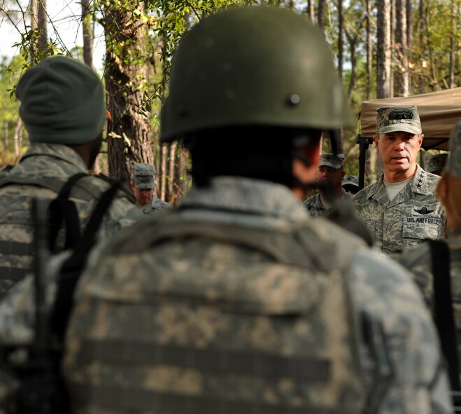 CAMP BLANDING, Fla. -- Gen. William M. Fraser III, commander of Air Combat Command, gives his closing remarks and final thoughts about the qualification course for battlefield weather Airmen at Camp Blanding, Fla., Jan. 24. (U.S. Air Force photo/Airman 1st Class Joshua Green)
