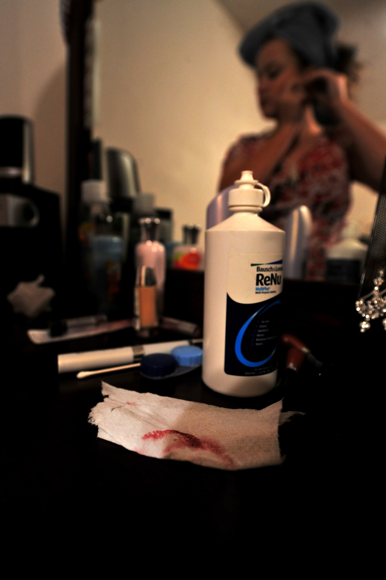MOODY AIR FORCE BASE, Ga.-- Airman 1st Class Brigitte Brantley-Sisk, 23rd Wing Public Affairs journalist, leaves a tissue stained with red lipstick while she was preparing to get ready for her husband’s return Jan. 12. Staff Sgt. Clifford Sisk, 38th Rescue Squadron aircrew flight equipment NCO, husband of Airman Brantley-Sisk, was deployed to an overseas location for five months and experienced his first deployment away from his newlywed wife. (U.S. Air Force photo/Airman 1st Class Joshua Green)(RELEASED)

