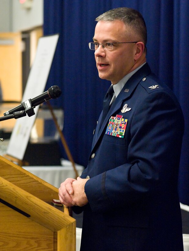 Col. Randal L. Bright, 512th Airlift Wing commander, addresses the audience at The Military Affaire at The Landings, Dover Air Force Base, Del., Jan. 19, 2011. The annual event, sponsored by the Central Delaware Chamber of Commerce, provides its members and guests with the opportunity to meet the base's commanders and top enlisted personnel.(U.S. Air Force photo by Roland Balik/Released)