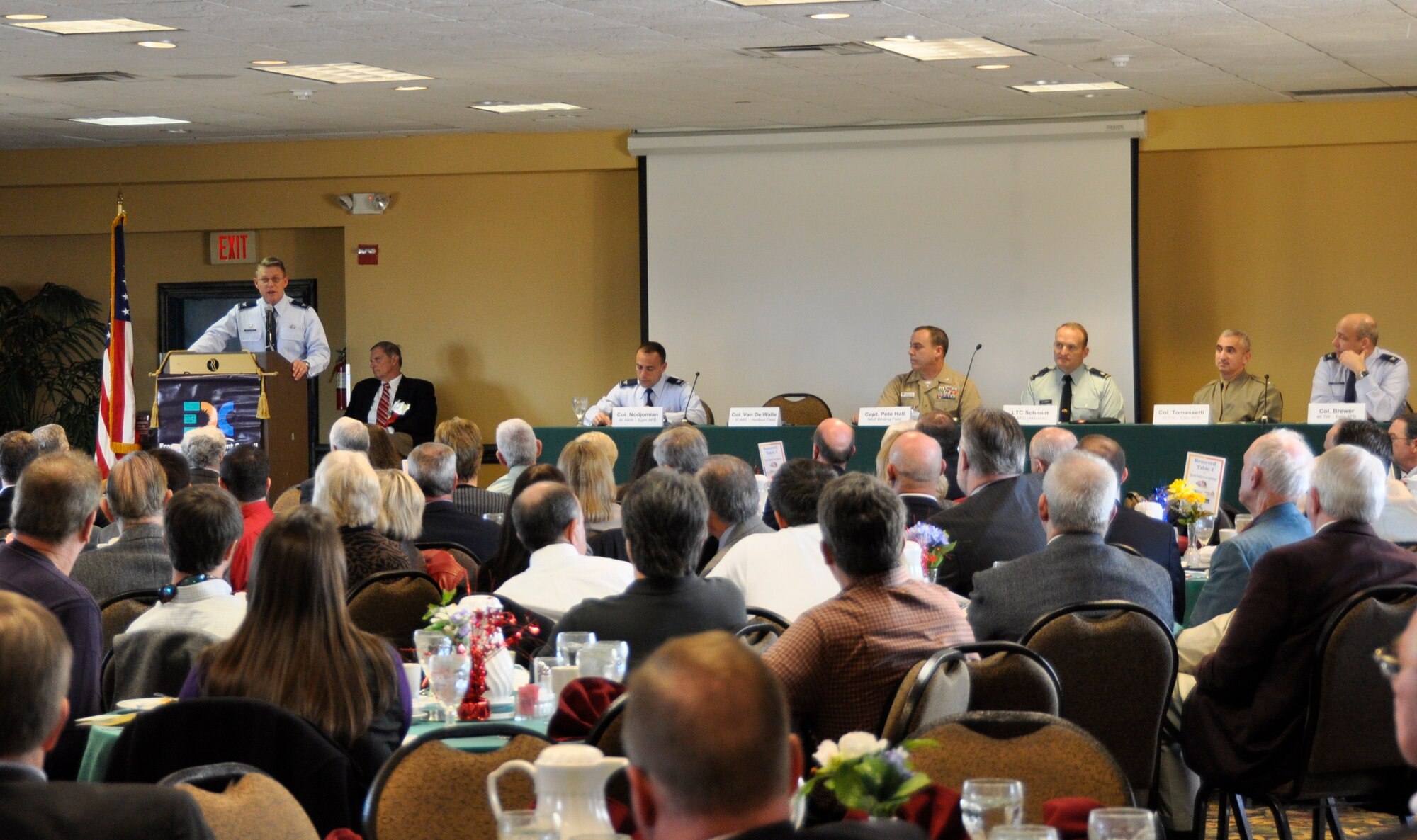FORT WALTON BEACH, Fla. -- Col. Curt Van De Walle, 1st Special Operations Group Commander, addresses the Military-Community Sustainability Forum Jan. 26. A military panel of commanders from Eglin and Hurlburt Field answered questions to help facilitate military-community planning to ensure compatible and sustainable growth for all stakeholders.  This forum is an outgrowth of an effort called "Vision 2015" that was initiated by the Air Armament Center commander in 2006. (USAF photo/Lois Walsh)