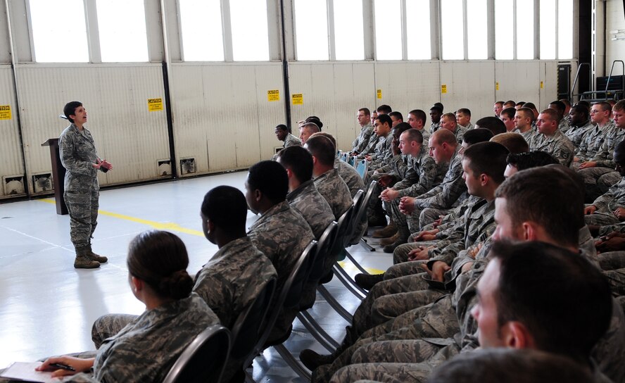 MOODY AIR FORCE BASE, Ga. -- Capt. Laura Boylan, 23rd Medical Group Alcohol and Drug Abuse Prevention and Treatment (ADAPT) program manager, speaks to members of the 723rd Aircraft Maintenance Squadron about binge drinking and the Department of Defense “That Guy” Campaign. The campaign uses aims to reduce excessive drinking among young service members and uses humor to deliver a serious message and provide vital tools to help eradicate That Guy, who makes irresponsible decisions. (U.S. Air Force photo/Senior Airman Stephanie Mancha)(RELEASED)