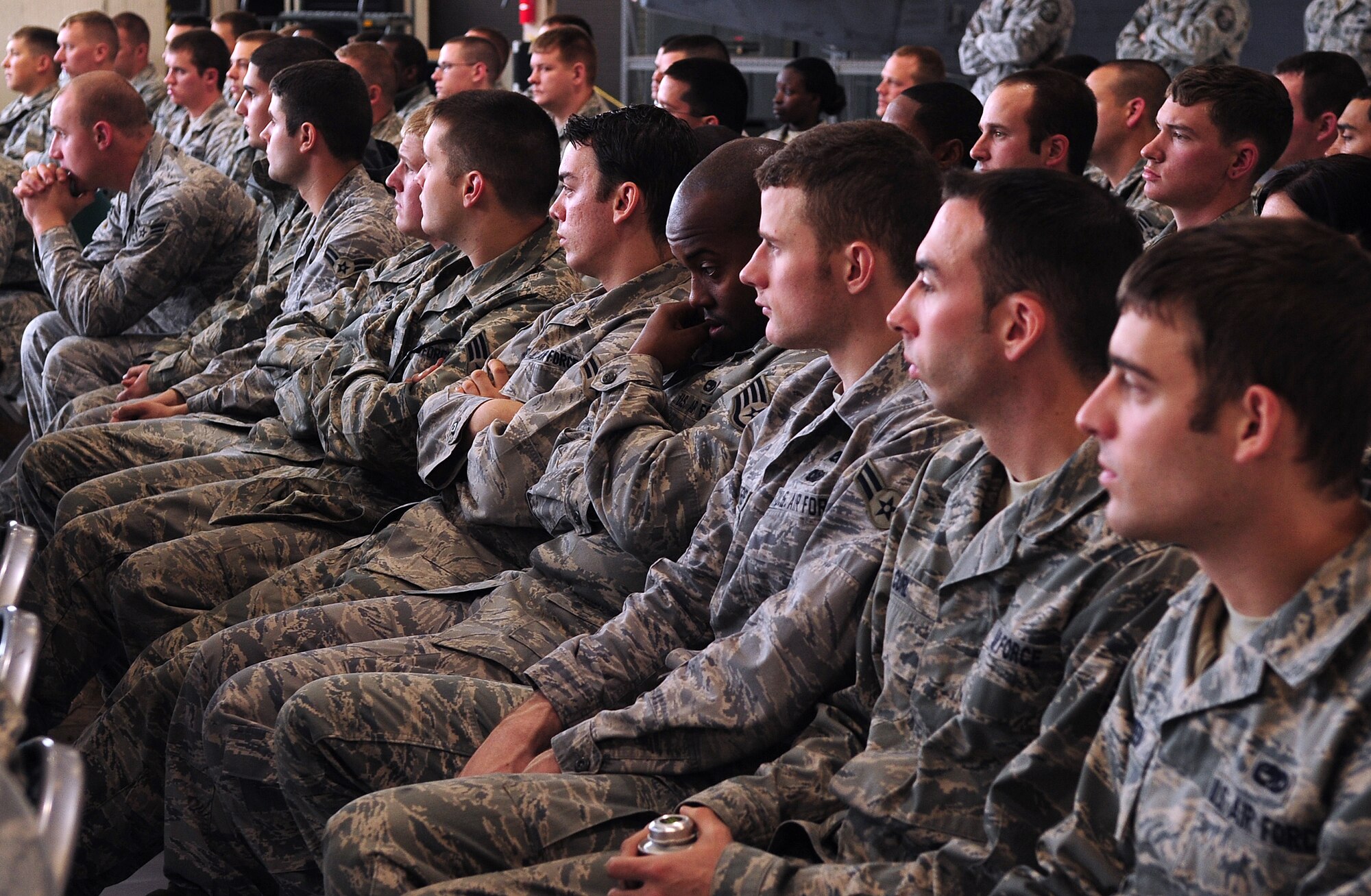 MOODY AIR FORCE BASE, Ga. -- Members of the 723rd Aircraft Maintenance Squadron listen to Senior Airman Larry Mitchell, 723rd AMXS communication navigator journeyman, talk about his DUI experience and the effects it had on his life. Airman Mitchell regrets getting behind the wheel of his vehicle and is pushing to help other Airmen not make the same mistake. (U.S. Air Force photo/Senior Airman Stephanie Mancha)(RELEASED)