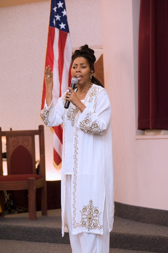 JOINT BASE ANDREWS, Md. – Diane Jones, a songstress instrumentally accompanied by her husband, Christopher, sings ‘Wind beneath my wings,” ballad to a Joint Base Andrews audience during a Martin Luther King Jr., observance at Chapel I Jan. 21. (U.S. Air Force photo/Bobby Jones)
