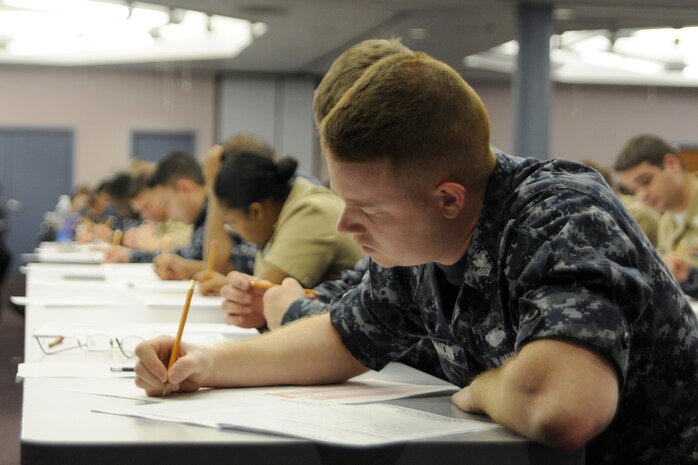 First Class Petty Officers participated in the Navy-wide Chief Petty Officer advancement examination at Joint Base Charleston - Weapons Station, Jan. 20. Results of the excam are expected to be released in April. Sailors who perform well enough on the exam become selection board eligible and after an extensive board review, those selected to the rank of Chief Petty Officer will then be allowed to wear the fouled anchors. (U.S. Navy photo/Machinist's Mate 3rd Class Brannon Deugan)
