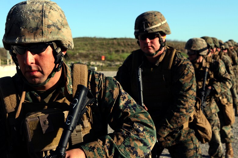 While on the range with Marines from Black Sea Rotational Force-11, Camp Pendleton, Calif., Maj. Selden B. Hale, the Ground Combat Element commander and Gunnery Sgt. Daniel A. Devine, the GCE executive officer prepare to shoot a Table 3 drill for the Combat Marksmanship Program. BSRF-11, a Special Purpose Marine Air Ground Task Force composed of Marine reservist from across the nation, are slated to deploy to the Black Sea Region to build partnerships with nations in the Black Sea, Balkan and Caucasus regions.