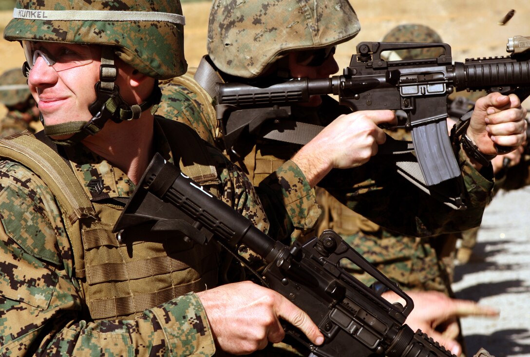 Marines with the ground combat element, Black Sea Rotational Force-11, Camp Pendleton, Calif., shoot-on-the-move for Table 4 drills of the Combat Marksmanship Program. The BSRF-11 is a Special Purpose Marine Air Ground Task Force that will be deploying to the Black Sea, Balkan and Caucasus regions and will mark the second time in history Marines have stepped foot on that region of the world.