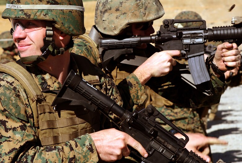 Marines with the ground combat element, Black Sea Rotational Force-11, Camp Pendleton, Calif., shoot-on-the-move for Table 4 drills of the Combat Marksmanship Program. The BSRF-11 is a Special Purpose Marine Air Ground Task Force that will be deploying to the Black Sea, Balkan and Caucasus regions and will mark the second time in history Marines have stepped foot on that region of the world.