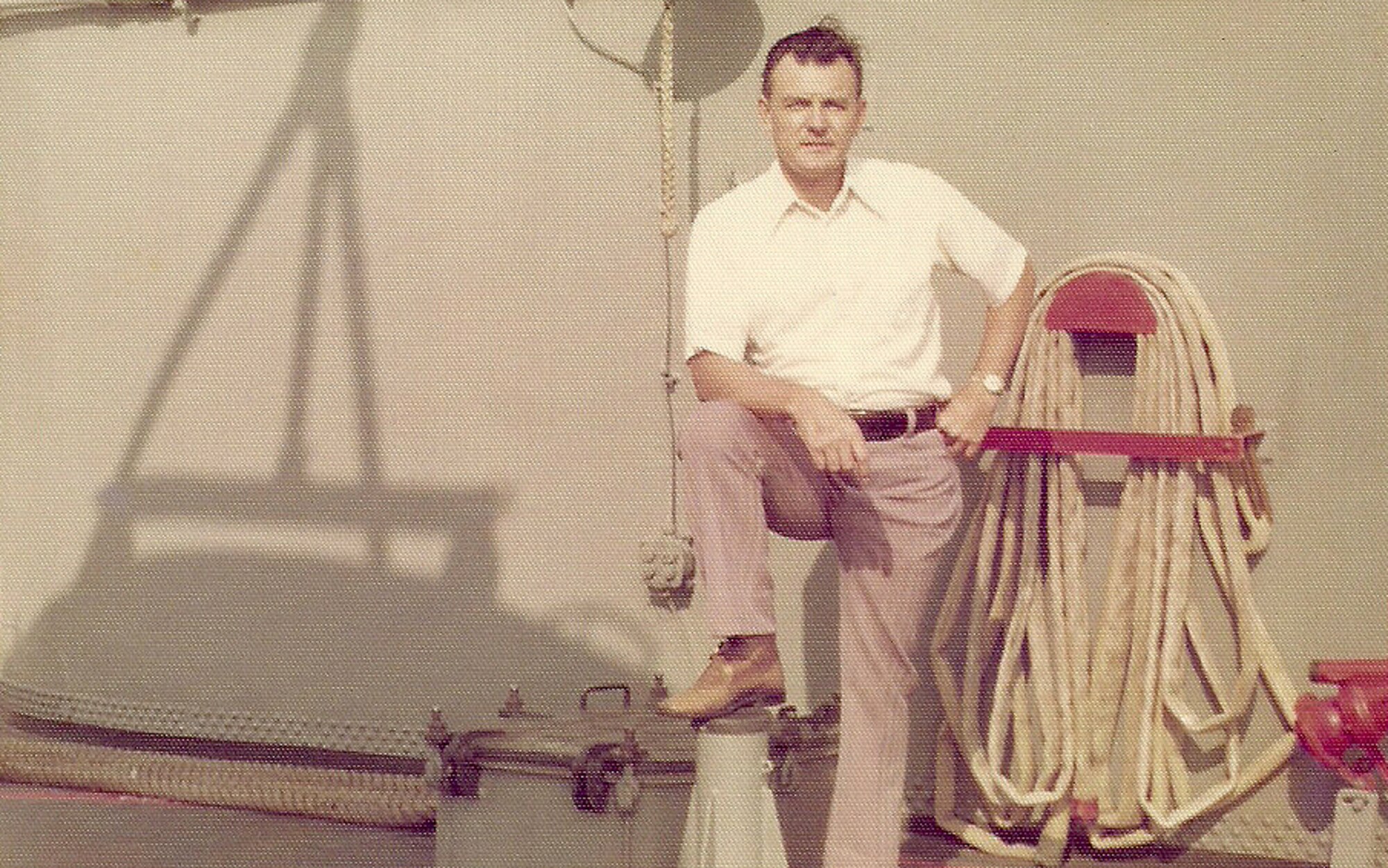 JOINT BASE PEARL HARBOR-HICKAM, Hawaii -- Pictured here in 1977, Mr. Stanley Zaucha poses for a photograph aboard an ocean-going fuel tanker in Taiwan. Enlisting in 1950, Mr. Zaucha spent 31 years on active-duty in the Petroleum, Oils and Lubricants career field. He retired from the U.S. Air Force as a chief master sergeant in August 1981 and  was sworn into civil service during the same month and year. He would spend the next 30 years in the fuels profession working to improve the POL infrastructure at bases all over the world. Now in February 2011, Mr. Zaucha will be retiring from civil service as a Pacific Air Forces fuels facilities manager here. (Submitted photo)