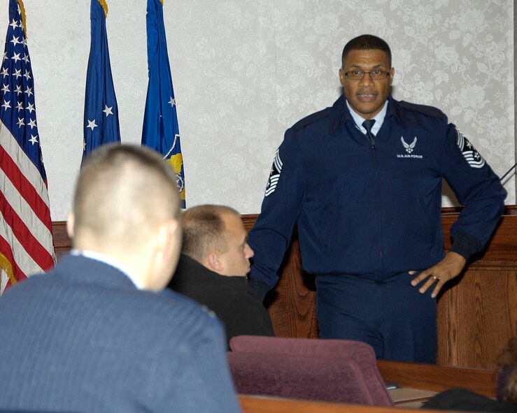 HANSCOM AIR FORCE BASE, Mass. – Chief Master Sgt. Kenneth Williams, ESC command chief, speaks to Hanscom newcomers during the Installation Commander’s Welcome at the Conference Center on Jan. 24. The Airman and Family Readiness Center holds the welcome each month for new arrivals, featuring essential base and local community information, a chance to meet with Hanscom agency representatives and information and tips on living and working in New England. The next session will be held on Feb. 28. (U.S. Air Force photo by Linda LaBonte Britt)