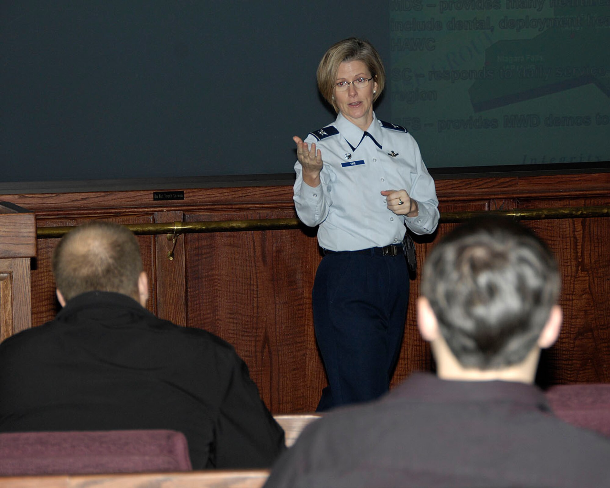 HANSCOM AIR FORCE BASE, Mass. – Col. Stacy L. Yike speaks to Hanscom newcomers during the Installation Commander’s Welcome at the Conference Center on Jan. 24. The Airman and Family Readiness Center holds the welcome each month for new arrivals, featuring essential base and local community information, a chance to meet with Hanscom agency representatives and information and tips on living and working in New England. The next session will be held on Feb. 28. (U.S. Air Force photo by Linda LaBonte Britt)