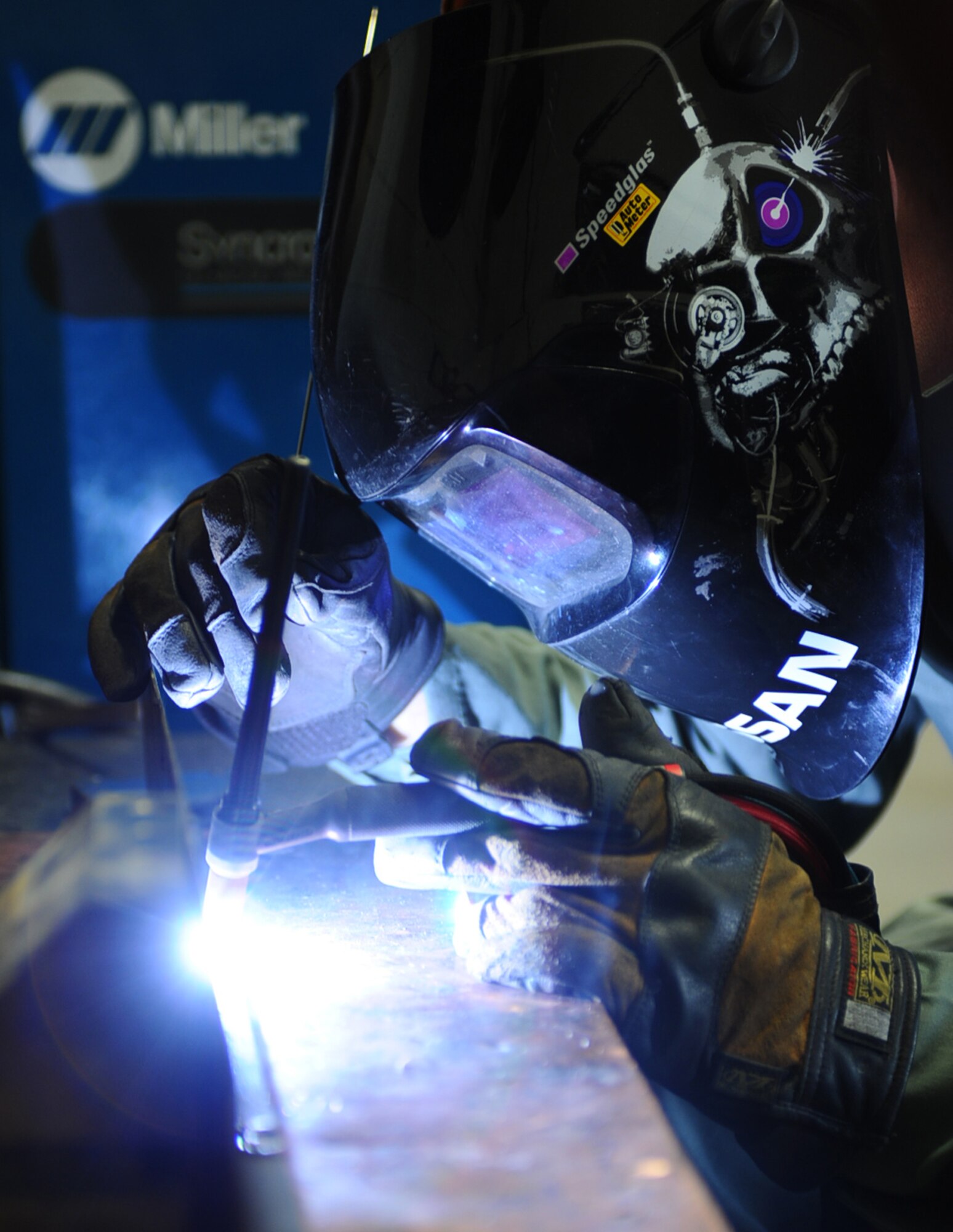 Airman 1st Class Webb Travis, 28th Maintenance Squadron aircraft metals technology technician, performs tungsten inert gas welding while repairing a bomb loader panel at Ellsworth Air Force Base, S.D., Jan. 26, 2011. Airmen from the Metals Technology Shop repair and maintain various equipment across the base. (U.S. Air Force photo/Senior Airman Kasey Close)