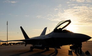 LANGLEY AIR FORCE BASE, Va --Col. Peter Fesler, 27th Fighter Squadron commander, brings home the updated 27th FS flagship Jan. 24. F-22 Raptor was delivered straight from the factory with the squadron emblem painted on the tail. (U.S. Air Force photo/ Staff Sgt. Dana Hill) (Released)