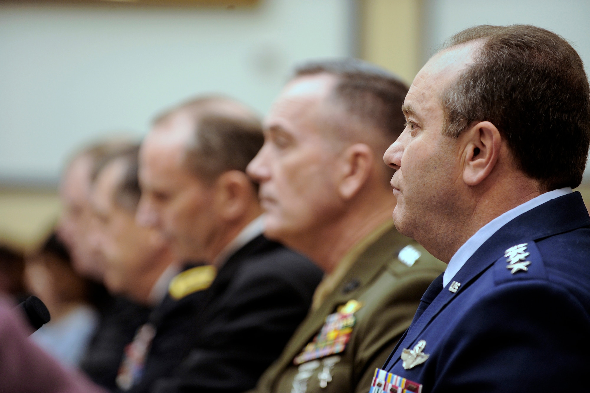 Air Force Vice Chief of Staff Gen. Philip Breedlove (right) listens to opening comments during the House Armed Services Committee hearing on efficiencies in the Department of Defense on Capitol Hill, Jan. 26, 2011, in Washington. General Breedlove shared the witness stand with the the vice chiefs from the other services and Deputy Secretary of Defense William Lynn III.  (U.S. Air Force photo/Scott M. Ash)