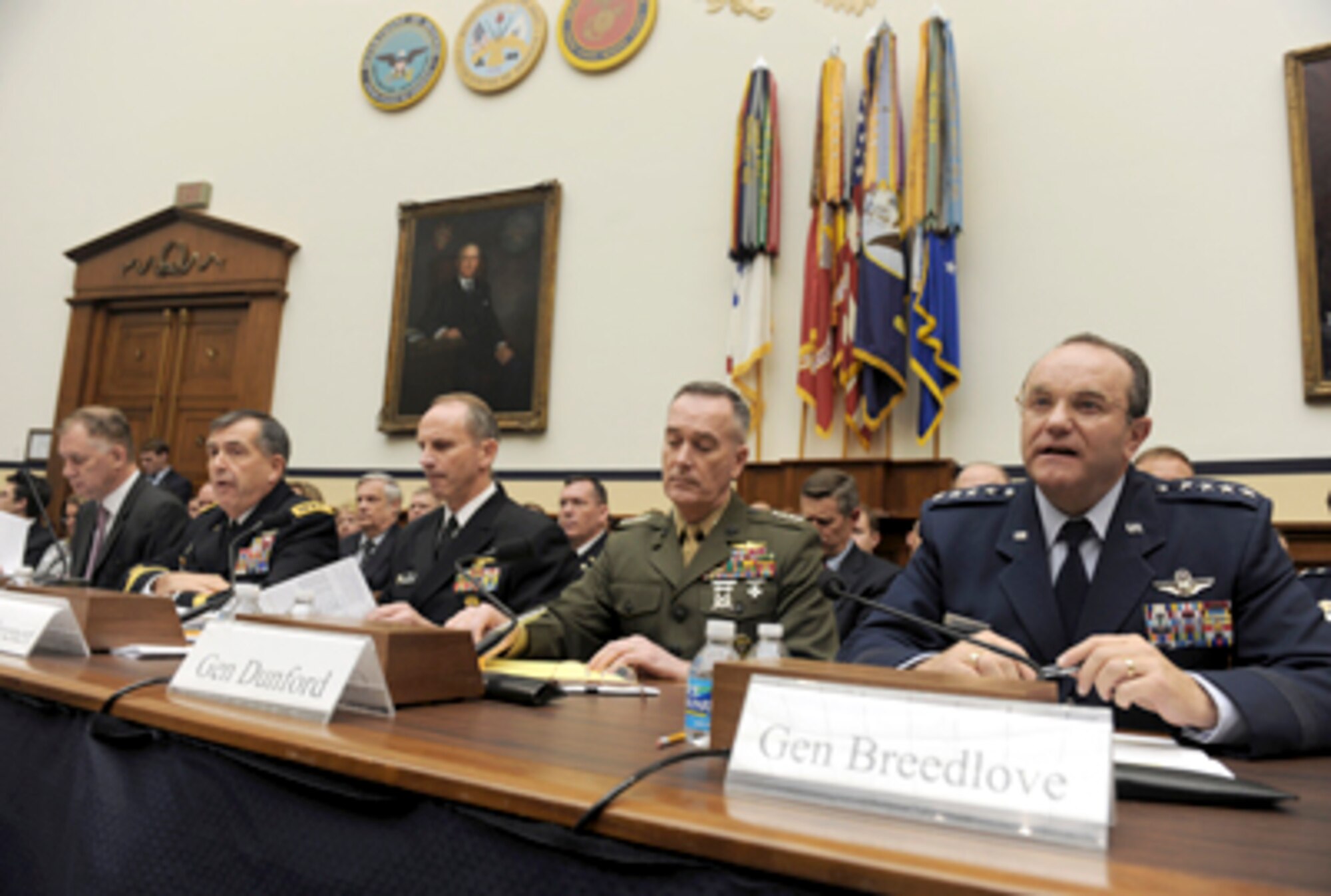 (From right) Air Force Vice Chief of Staff Gen. Philip Breedlove, Vice Commandant of the Marine Corps Gen. Joseph Duford, Vice Chief of Naval Operations Adm. Jonathan Greenert, Army Vice Chief of Staff Gen. Peter Chiarelli and Deputy Secretary of Defense William Lynn III listen to opening comments during the House Armed Services Committee hearing on efficiencies in the Department of Defense on Capitol Hill Jan. 26, 2011, in Washington.  (U.S. Air Force photo/Scott M. Ash)