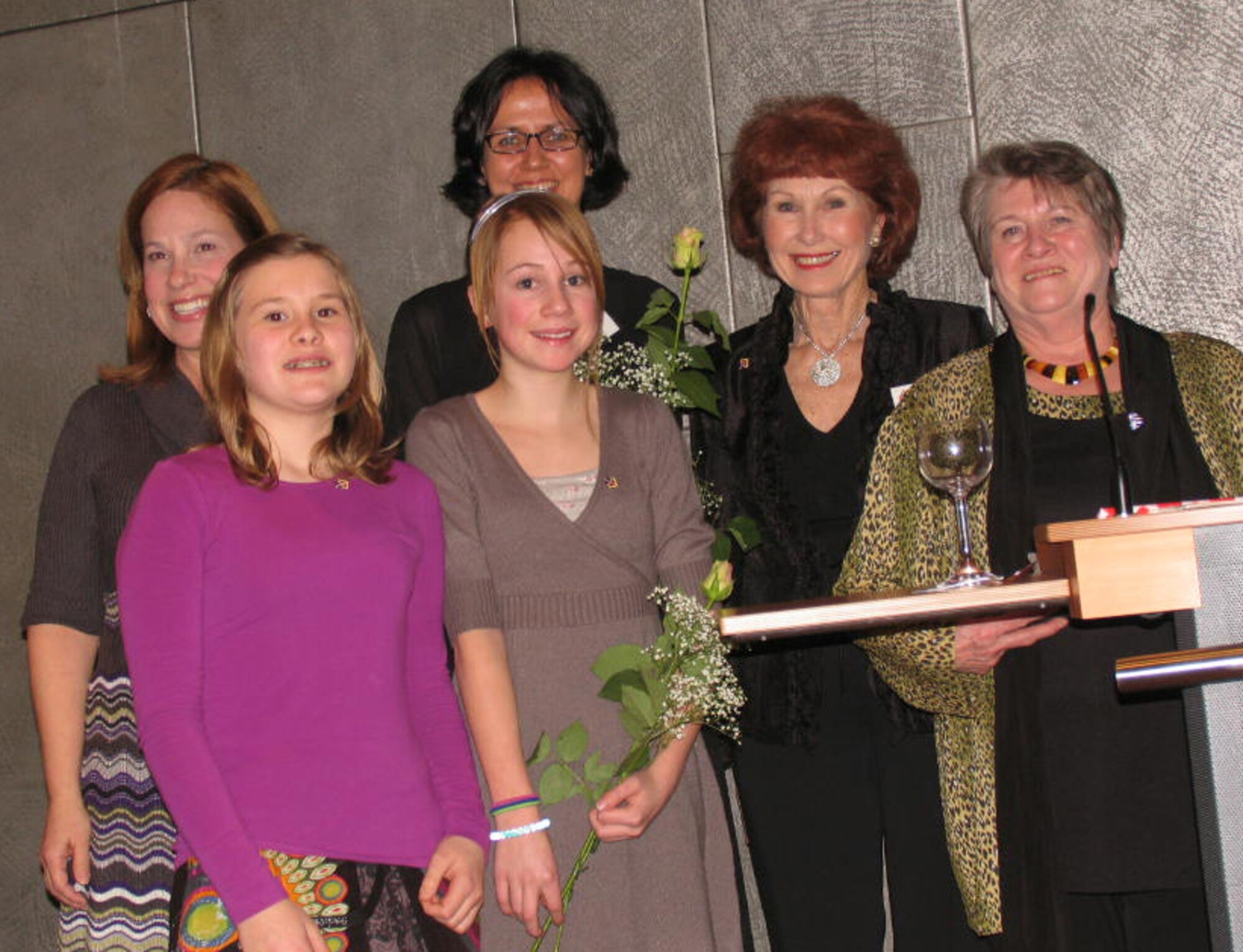 (Back row, from left) Rachel Riegel, Marlein Auge, Wanda Wirthlin, Bruni
Pütz, (front row) Paula Erb and Nora Klemm pose for a photo during the 55th
anniversary celebration of the German-American and International Women's
Club Kaiserslautern. On Jan. 18, 1956, the first club meeting took place.