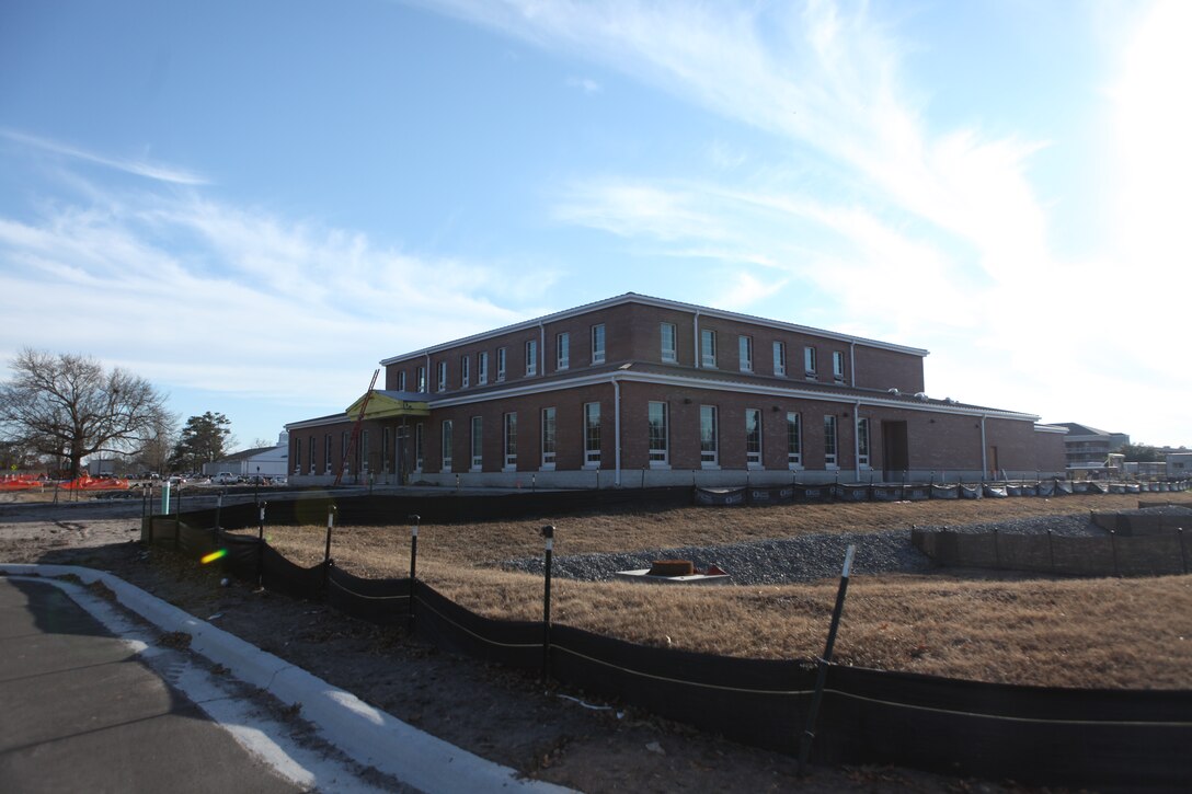 MARINE CORPS BASE CAMP LEJEUNE, N.C. – Mess Hall 82 sits near the Marine Corps Base Camp Lejeune Movie Theater and is currently under construction, Jan 28. Mess Hall 82 is one of many new dining facilities currently being built that will replace the World War II-era ones.
