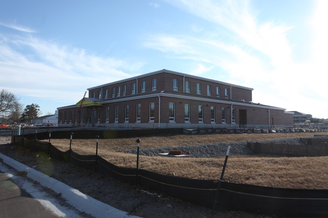 MARINE CORPS BASE CAMP LEJEUNE, N.C. – Mess Hall 82 sits near the Marine Corps Base Camp Lejeune Movie Theater and is currently under construction, Jan 28. Mess Hall 82 is one of many new dining facilities currently being built that will replace the World War II-era ones.