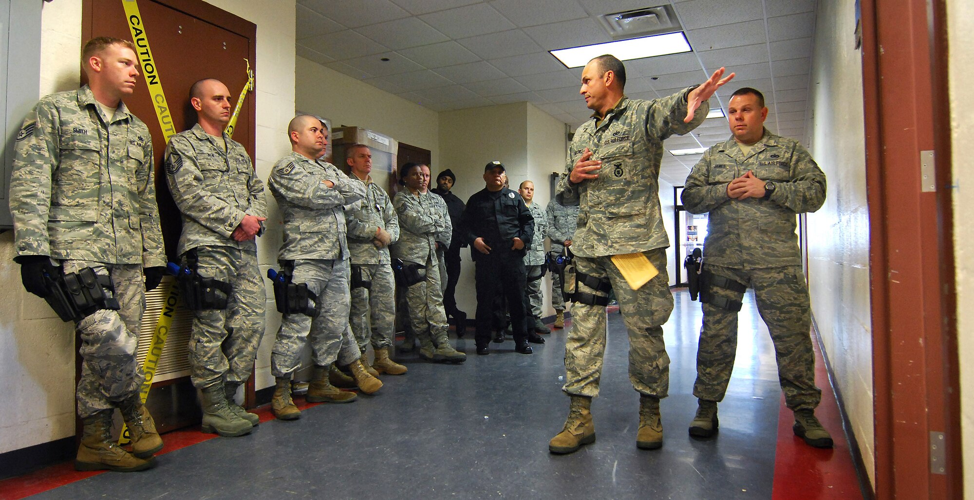 Tech. Sgt. Francisco Martinez from the 610th Security Forces Squadron, Joint Reserve Base Fort Worth, Texas, lead a practical training session for the Basic Active Shooter Course, Jan 26.  This 4-man training team came to Dobbins Air Reserve Base to provide critical training for the 94th Security Forces Squadron and other Dobbins area security personnel.  The two day course provides classroom and tactical instruction to first responders covering several shooting spree scenarios.   (U.S. Air Force photo/ Brad Fallin)