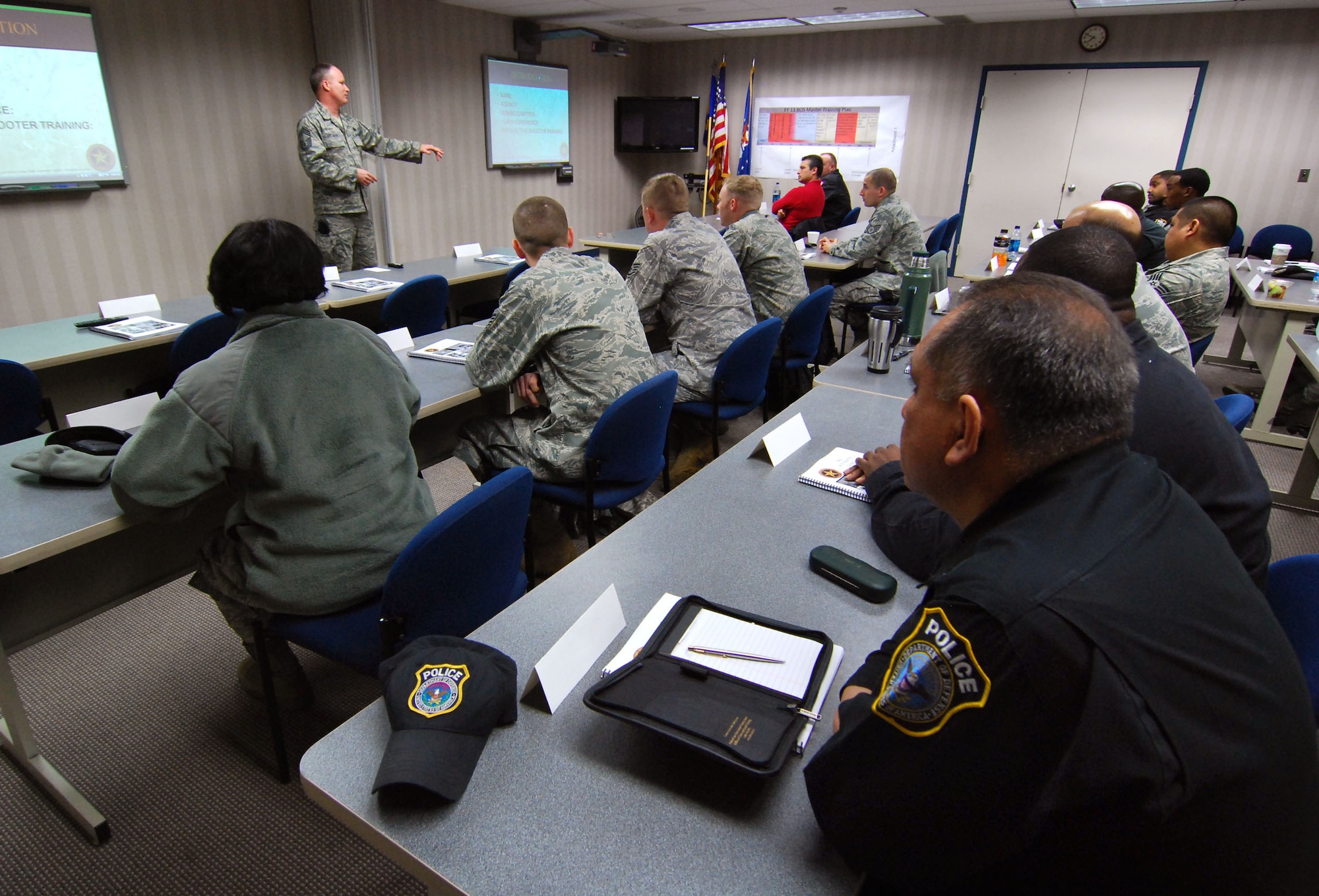 Chief Master Sgt. David Holman from the 610th Security Forces Squadron, Joint Reserve Base Fort Worth, Texas, leads the initial classroom training for the Basic Active Shooter Course, Jan 26.  Chief Holman brought his four person training team to Dobbins Air Reserve Base to provide this critical training for the 94th Security Forces Squadron and other Dobbins area security personnel.  The two day course provides classroom and tactical instruction to first responders covering several shooting spree scenarios.   (U.S. Air Force photo/ Brad Fallin)