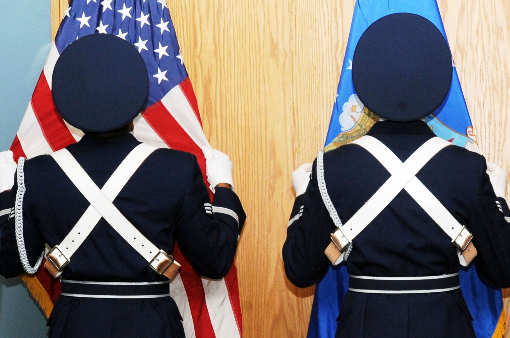 Barksdale's Honor Guard posts the colors during the retirement of Col. George Torres Jr., Air Force Global Strike Command maintenance division chief. Colonel Torres is retiring after 30 years of dedicated service in the U.S. Air Force. (U.S. Air Force photo/Senior Airman Brittany Y. Bateman)(RELEASED)